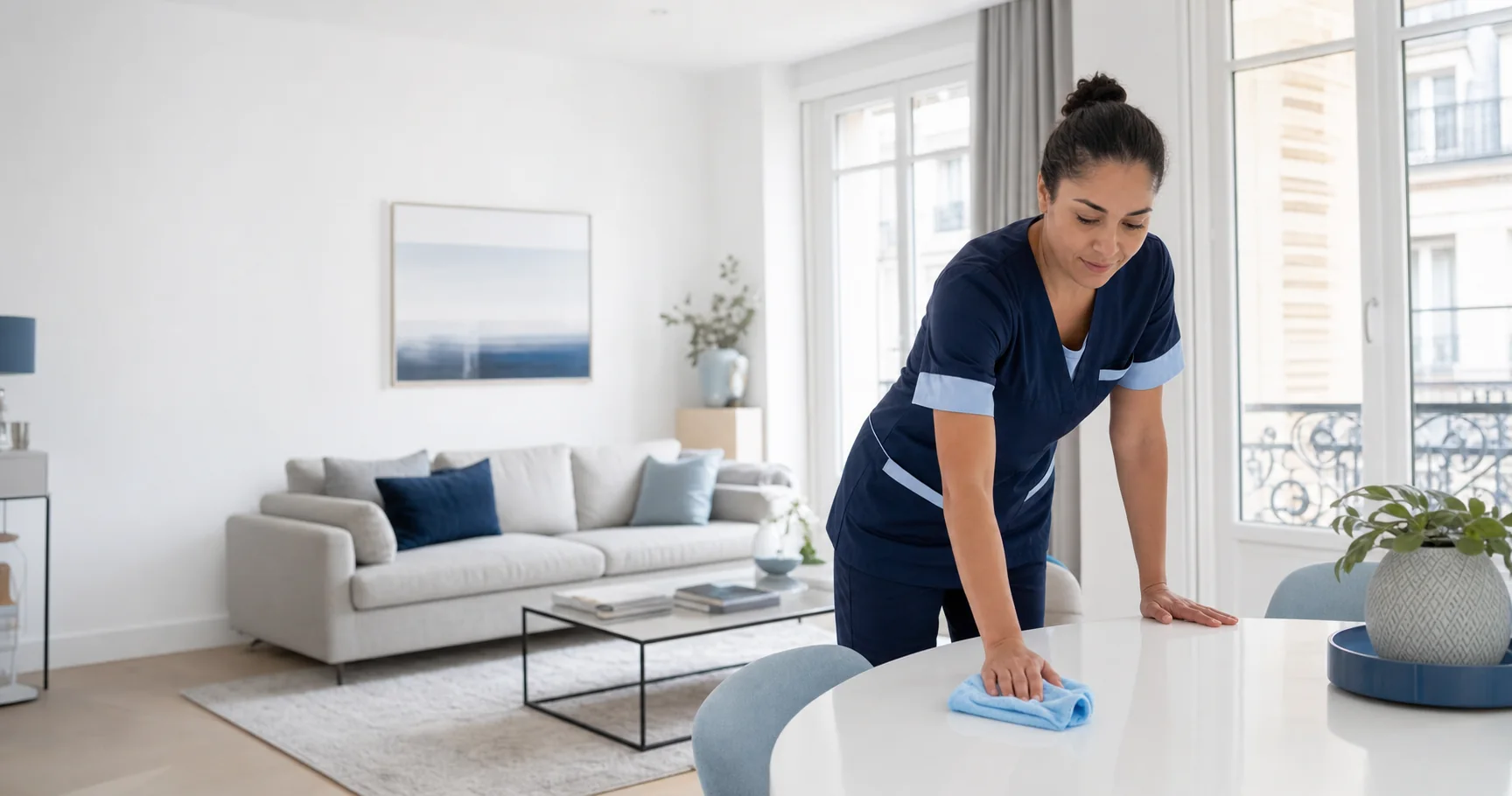 Professionnelle NoverClean réalisant une prestation de ménage dans un intérieur lumineux